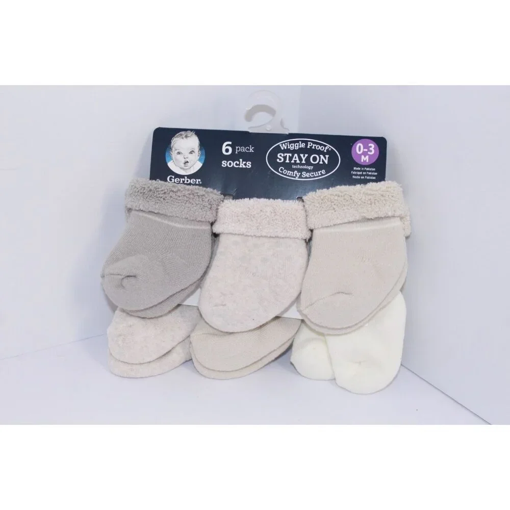 Gerber Wiggle Proof Stay On Infant Bootie Socks 0-3 Months Beige Gray 6‎ Pack
